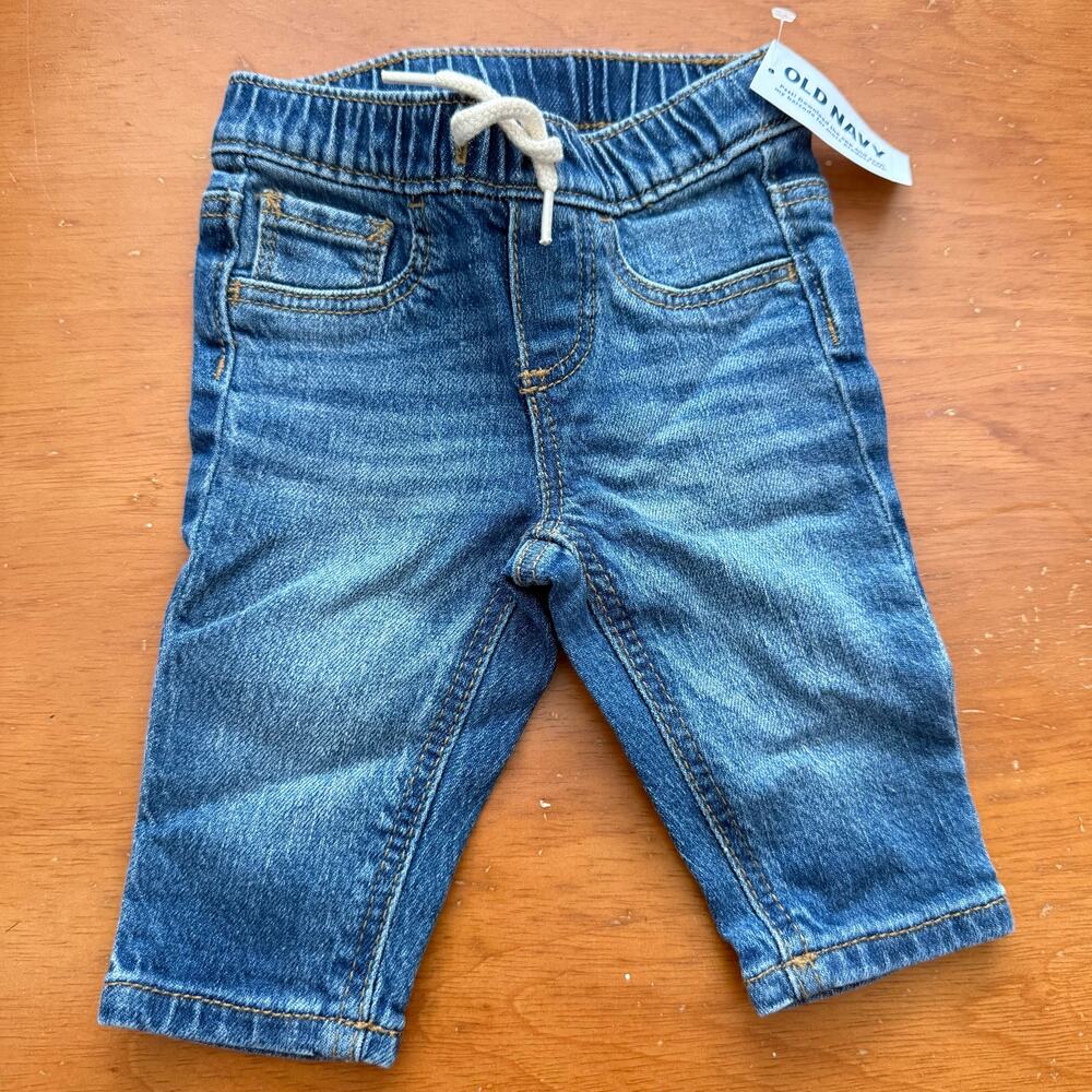 NWT Old Navy Pull On Elastic Waist Denim Jeans Baby Boy 0-3 Months Drawstring - Picture 1 of 8